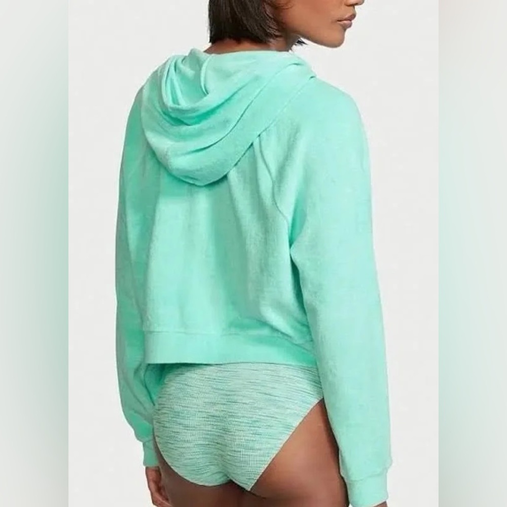 Victoria’s Secret Tourquoise Blue Green Cropped Zip-Up Sweater Terry Cloth Sz XS - Picture 4 of 16